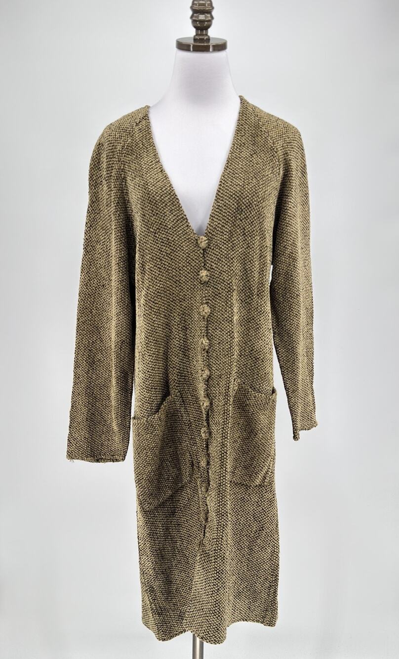 Vintage French Rags Brown Long Chenille Button Up Duster Cardigan Sweater Sz 3/L